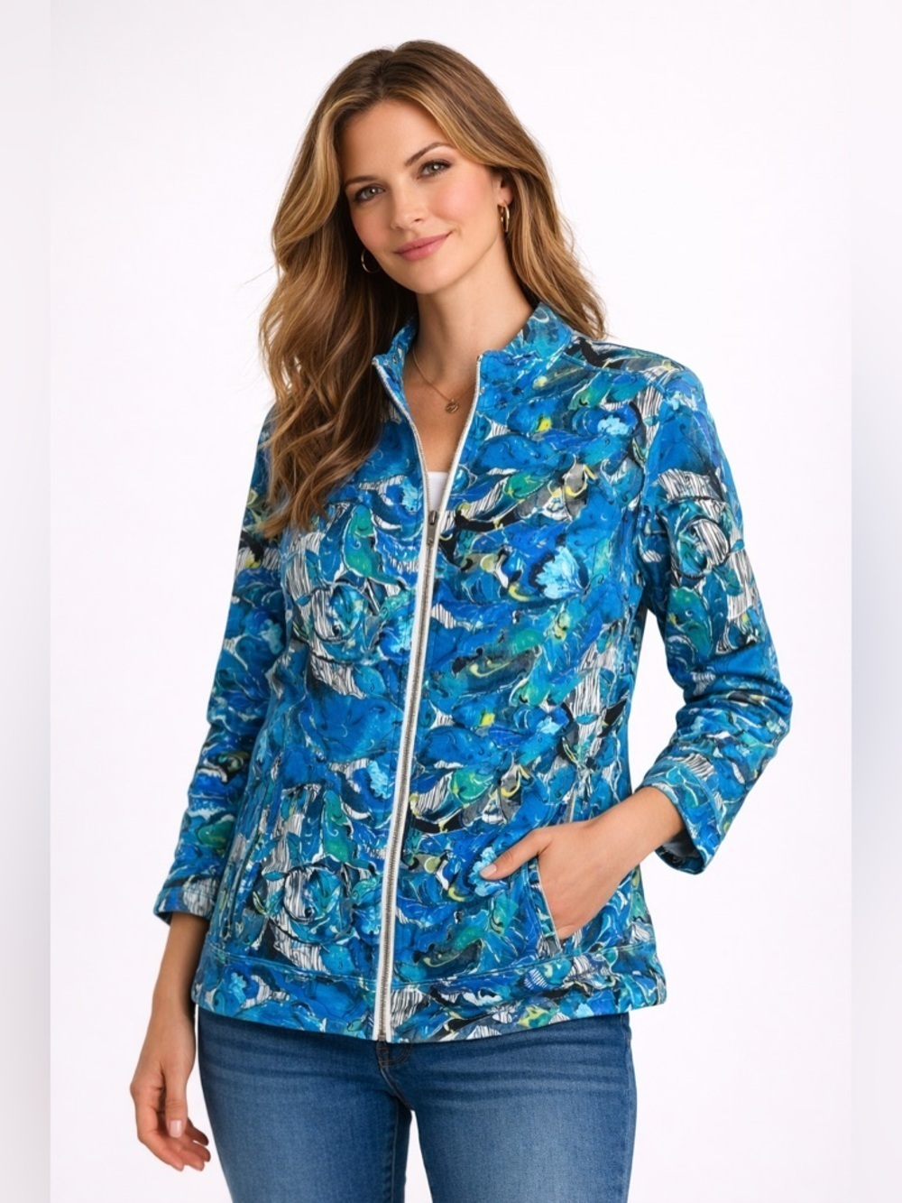 Chico’s Additions Blue Abstract Print Zip Jacket Size 3 (XL) Stretch Cotton